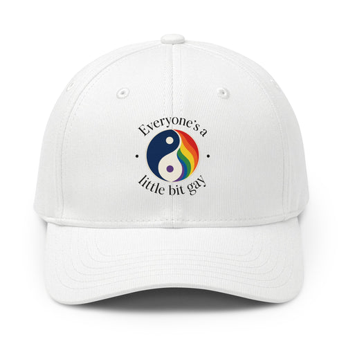 Front of white hat with 'Everyone's a little bit gay' text printed around a colorful ying yang pride image