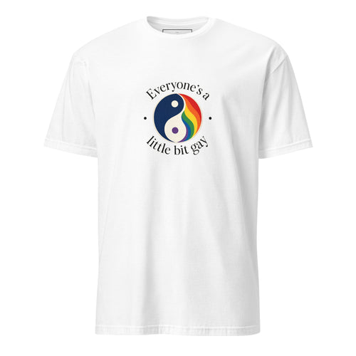 Product mockup of colorful ying yang design with 'Everyone's a little bit gay' text around the pride image